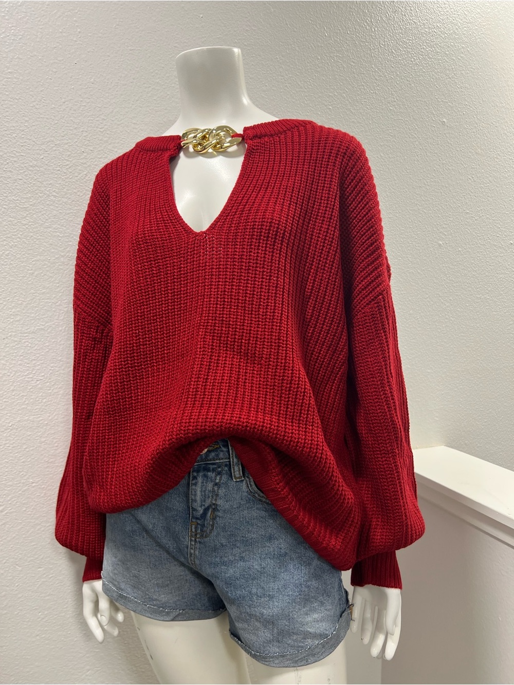 SHEIN Curve 3XL Red Chunky Knit Sweater Gold Chain